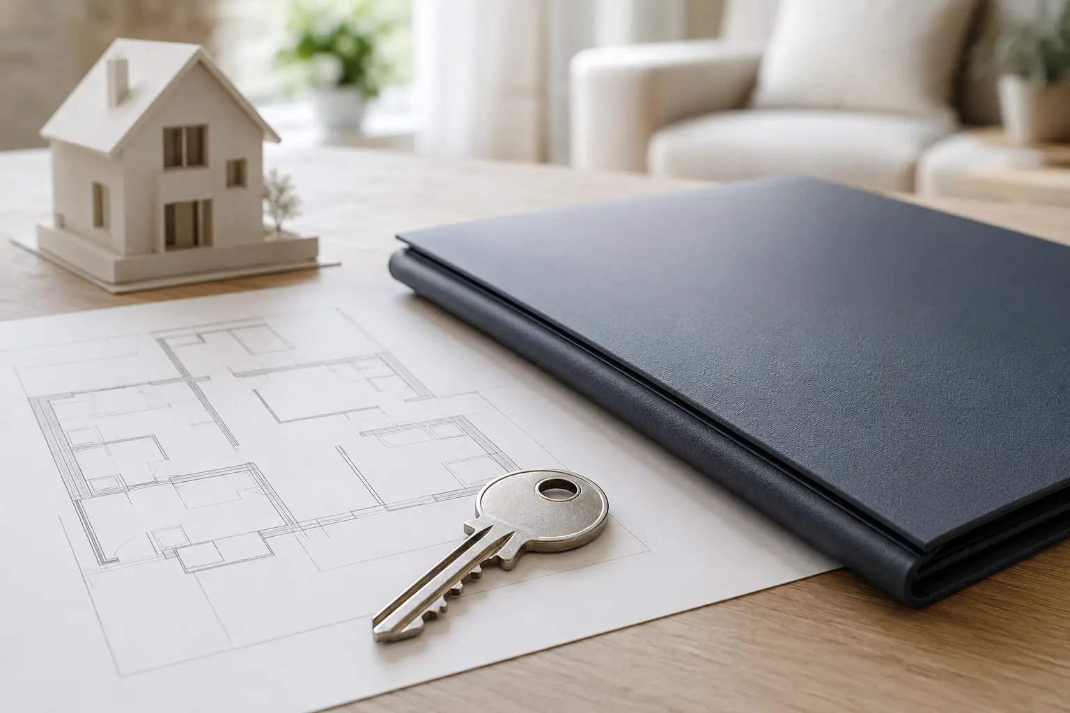 Hausschlüssel und geordnete Immobilienunterlagen als Motiv für unterschiedliche Bewertungsanlässe