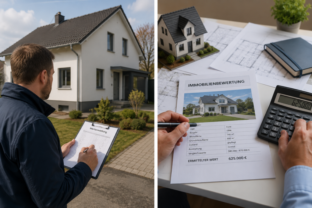 Sachverständiger prüft ein Einfamilienhaus vor dem Verkauf